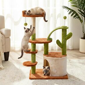 Cactus Cat Tree for Indoor Cats with Cozy Condo Wide Top Perch 27.5", Multi-Level Cat Tower with Climbing and Lounging Space Plush, Toy Ball, Brown in Saudi Arabia