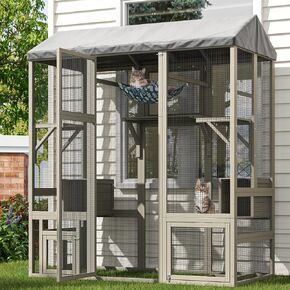 TIMHAKA 71 inch Large Catio Outdoor Cat Enclosure, Cat Catio with Window Acess, Hammock, 7 Platforms and 2 Resting Box, Wood Cats Cage House with Waterproof Cover for Indoor Outdoor Cats, Grey in Saudi Arabia
