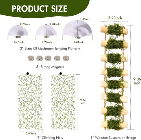 6Pcs Jumping Spider Climbing Accessories Set, 1 Wooden Rope Bridge, 3 Mushroom Platform, 2 Climbing Net Decoration in Kuwait