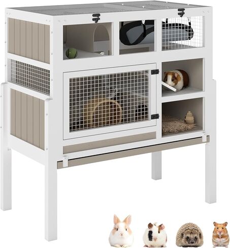 Guinea Pig Cage Indoor, 3-Tier Wooden Small Animal Habitat with Stand, Rabbit Hutch with Ramp, Removable Hammock & Hideout, Leak-Proof Pull-Out Tray for Guinea Pigs, Rabbits, Hamsters in Kuwait