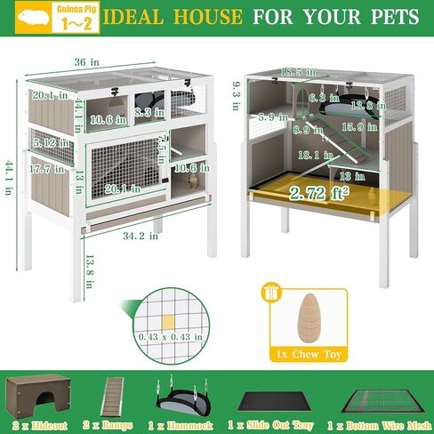 Guinea Pig Cage Indoor, 3-Tier Wooden Small Animal Habitat with Stand, Rabbit Hutch with Ramp, Removable Hammock & Hideout, Leak-Proof Pull-Out Tray for Guinea Pigs, Rabbits, Hamsters in Kuwait