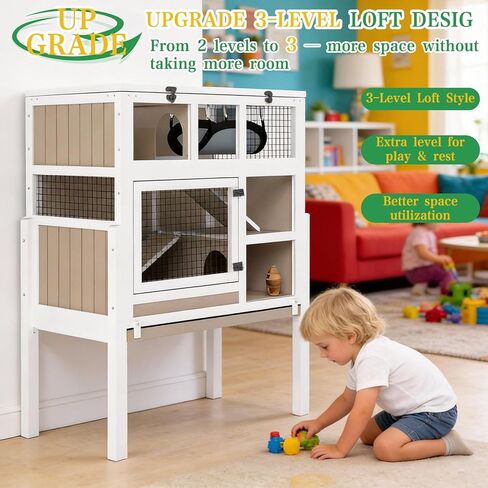 Guinea Pig Cage Indoor, 3-Tier Wooden Small Animal Habitat with Stand, Rabbit Hutch with Ramp, Removable Hammock & Hideout, Leak-Proof Pull-Out Tray for Guinea Pigs, Rabbits, Hamsters in Kuwait