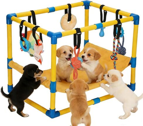Puppy Play Gym with 8 Hanging Toys, Dog Jungle Gym Indoor with Hammock and Funny Enrichment Toys, PVC Frame Puppy Gym Activities Center for Puppies, Dog Gym Playground in Kuwait