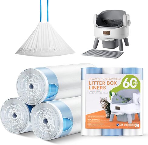 Thereye Cat Litter Box Liner - 60PCS Heavy Duty Drawstring Trash Bags for Thereye ER-SC08 Automatic Self-Cleaning Boxes, Extra Thick Leakproof, 3 Rolls (20 Bags/Roll) in Kuwait