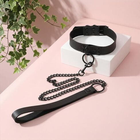 Faux Leather Collar and Leash Set for Pet Dog, Black PU Leather Choker Collar with Buckle Gothic Necklace Accessories Gift for Halloween Cosplay in Kuwait