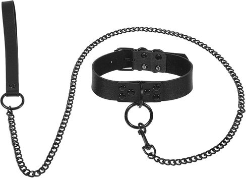 Faux Leather Collar and Leash Set for Pet Dog, Black PU Leather Choker Collar with Buckle Gothic Necklace Accessories Gift for Halloween Cosplay in Kuwait