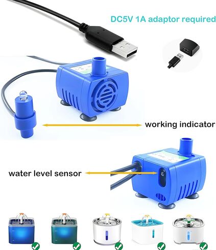 Cat Water Fountain Pump, Submersible Water Pump Compatible with DR-DC160, Automatic Pet Water Dispensor Pump, Quiet, Auto Shut-Off Sensor, Stainless Steel, IP68,USB 5V in Kuwait