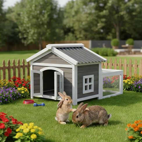Elevated Rabbit Hutch Bunny Cage Wooden Pet House Small Animal Habitat for Guinea Pigs, No Leak Tray and Waterproof Roof for Outdoor/Indoor (Orange Black) in Kuwait