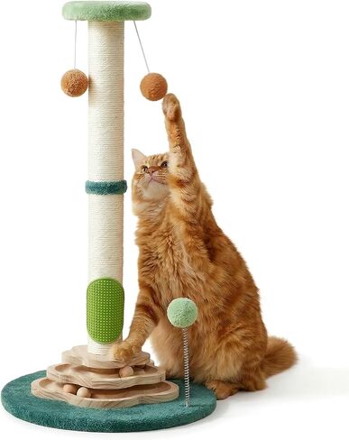 25.6inches Tall Cat Scratching Post, Cute Cat Scratching Post with Interactive Ball Two-Layer Track Spring Ball Toys and Self Groomer for Indoor Cats and Kittens Protect Your Furniture in Kuwait