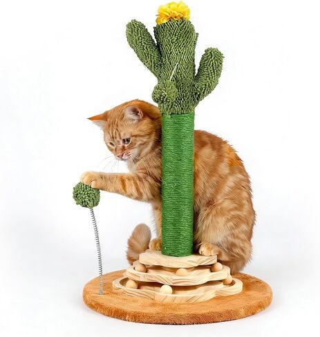 25.6inches Tall Cat Scratching Post, Cute Cat Scratching Post with Interactive Ball Two-Layer Track Spring Ball Toys and Self Groomer for Indoor Cats and Kittens Protect Your Furniture in Saudi Arabia
