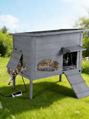 Outdoor Cat House, Extra Large Cat Shelter for Multiple or Feral Cats, Weatherproof Heated Cat House with Heating Pad, Support Roof, Escape Door for Patio/Garden/Backyard, 34.6"x22"x27.2" in Kuwait
