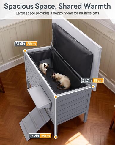 Outdoor Cat House, Extra Large Cat Shelter for Multiple or Feral Cats, Weatherproof Heated Cat House with Heating Pad, Support Roof, Escape Door for Patio/Garden/Backyard, 34.6"x22"x27.2" in Kuwait