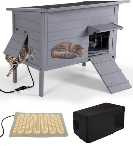 Outdoor Cat House, Extra Large Cat Shelter for Multiple or Feral Cats, Weatherproof Heated Cat House with Heating Pad, Support Roof, Escape Door for Patio/Garden/Backyard, 34.6"x22"x27.2" in Kuwait