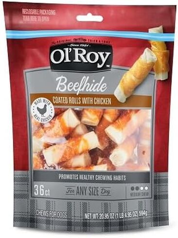 Beefhide Rolls Coated with Real Chicken, 20.95 oz Bag, 36 Count, Long-Lasting Chew Sticks, Promotes Chewing Habits, for All Dog Breeds, Medium Chew, Resealable Packaging by Ol-Roy in Kuwait
