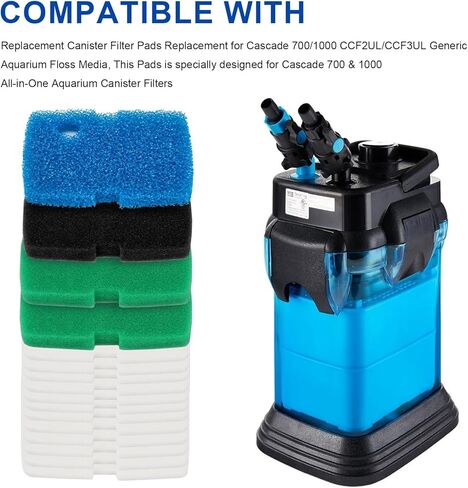 استبدال وسادات فلتر العلبة البديلة لـ Cascade 700/1000 CCF2UL/CCF3UL Generic Aquarium Floss Media، 4 قطع من وسادات الفلتر الحيوي الإسفنجية (1xCoarse، 2xMedium، 1xFine)، 12 قطعة من وسادات الخيط البيضاء in Kuwait