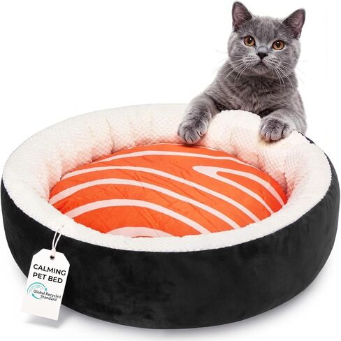 Cat Bed for Indoor Cats, 21" Washable Round Pet Bed for Cats & Small Dogs, Sushi Soft Fluffy Calming Bed for Kitten and Puppy with Anti-Slip Base in Kuwait