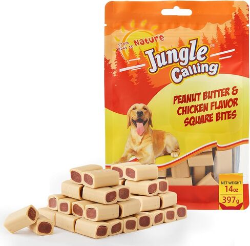 Jungle Calling 60 قطعة من زبدة الفول السوداني والدجاج - قضمات مربعة مقاس 1 بوصة، خالية من الجلود الخام، قابلة للهضم، مع توراين، مكافآت تدريب للكلاب الصغيرة والمتوسطة، 14 أونصة in Kuwait