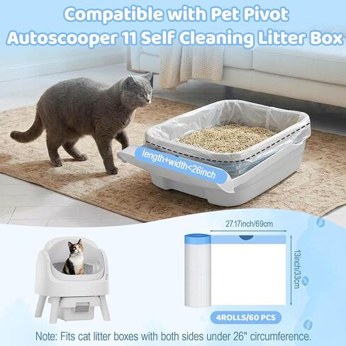 استبدال Lliner متوافق مع Pet Pivot Autoscooper 11 صندوق فضلات القطط ذاتي التنظيف مفتوح من الأعلى - 4 لفات، أكياس فضلات برباط مانعة للتسرب متوافقة مع Petpivot (60 قطعة) in Kuwait