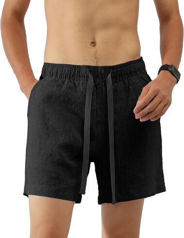Mens 100% Linen Casual Shorts 5.5 Inch Inseam with Elastic Waistband Drawstring Pockets Relaxed Fit Lounge Shorts in Saudi Arabia