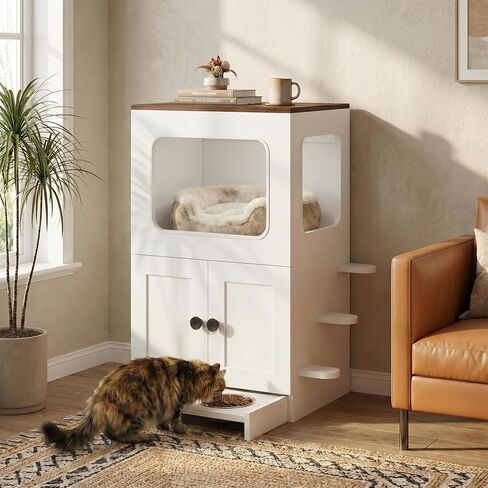 Cat Feeding Station, 2-Tier Wood Cat House with Storage, Raised Bowls for Indoor Cats, Pull-Out Feeding Station & Cat Condo, Includes 2 Stainless Bowls in Kuwait