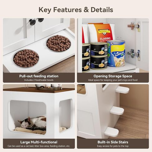 Cat Feeding Station, 2-Tier Wood Cat House with Storage, Raised Bowls for Indoor Cats, Pull-Out Feeding Station & Cat Condo, Includes 2 Stainless Bowls in Kuwait