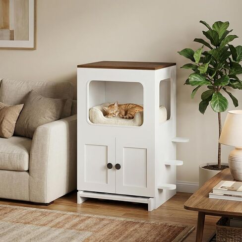Cat Feeding Station, 2-Tier Wood Cat House with Storage, Raised Bowls for Indoor Cats, Pull-Out Feeding Station & Cat Condo, Includes 2 Stainless Bowls in Kuwait