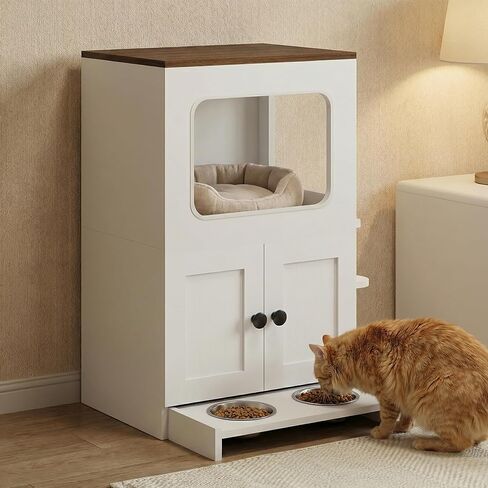 Cat Feeding Station, 2-Tier Wood Cat House with Storage, Raised Bowls for Indoor Cats, Pull-Out Feeding Station & Cat Condo, Includes 2 Stainless Bowls in Kuwait