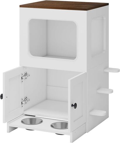 Cat Feeding Station, 2-Tier Wood Cat House with Storage, Raised Bowls for Indoor Cats, Pull-Out Feeding Station & Cat Condo, Includes 2 Stainless Bowls in Kuwait