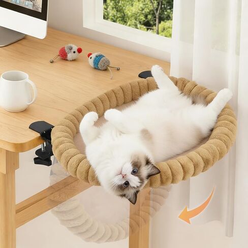 Pawow Large Cat Desk Bed, 90° Foldable Space-Saving & Sturdy Dual-Clamp, 2 Washable Covers(Faux Fur & Mesh), Metal Frame, Supports up to 40 Lbs, Pet Perch Desktop Hammock for Small to Large Cats in Kuwait