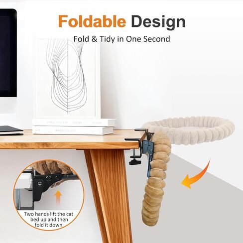 Pawow Large Cat Desk Bed, 90° Foldable Space-Saving & Sturdy Dual-Clamp, 2 Washable Covers(Faux Fur & Mesh), Metal Frame, Supports up to 40 Lbs, Pet Perch Desktop Hammock for Small to Large Cats in Kuwait