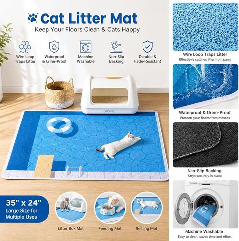 Fatcatjoy Cat Litter Mat 35"×24", Cute Summer Pool Design, Large PVC Wire Loop Litter Trapping Mat, Non-Slip Waterproof Cat Litter Box Mat, Machine Washable, Fade-Resistant, 3-in-1 Pet Mat for Cats in Kuwait
