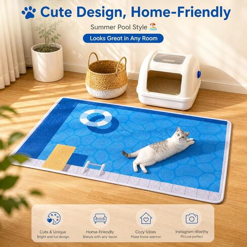 Fatcatjoy Cat Litter Mat 35"×24", Cute Summer Pool Design, Large PVC Wire Loop Litter Trapping Mat, Non-Slip Waterproof Cat Litter Box Mat, Machine Washable, Fade-Resistant, 3-in-1 Pet Mat for Cats in Kuwait