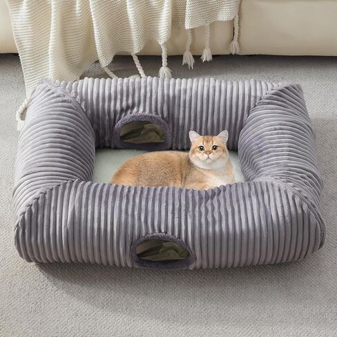 Cat Tunnel Bed for Indoor Cats, Large Cat Tube & Dog Tunnel Bed with Washable Cushion, Square Luxury Velvet Peekaboo Cat Cave & Cat Donut for Kitten/Puppies/Rabbits, Grey XL 39"x30"x11" in Kuwait