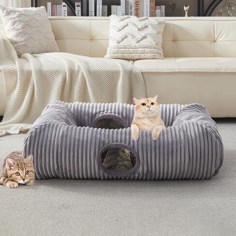 Cat Tunnel Bed for Indoor Cats, Large Cat Tube & Dog Tunnel Bed with Washable Cushion, Square Luxury Velvet Peekaboo Cat Cave & Cat Donut for Kitten/Puppies/Rabbits, Grey XL 39"x30"x11" in Kuwait