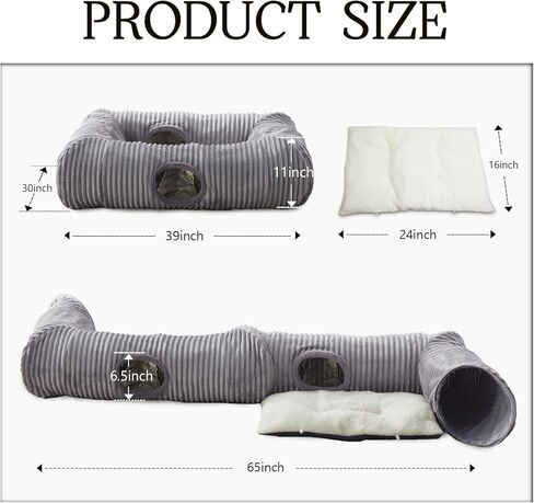 Cat Tunnel Bed for Indoor Cats, Large Cat Tube & Dog Tunnel Bed with Washable Cushion, Square Luxury Velvet Peekaboo Cat Cave & Cat Donut for Kitten/Puppies/Rabbits, Grey XL 39"x30"x11" in Kuwait