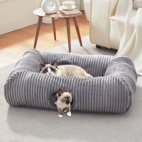 Cat Tunnel Bed for Indoor Cats, Large Cat Tube & Dog Tunnel Bed with Washable Cushion, Square Luxury Velvet Peekaboo Cat Cave & Cat Donut for Kitten/Puppies/Rabbits, Grey XL 39"x30"x11" in Kuwait