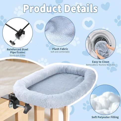 Bedside Cat Bed, 23"x14" Spacious Pet Beds Attached to Human Bed, Soft Plush Foldable Cat Beds with Steel Clamp, Removable & Washable Pet Bed Supports Up to 40lbs in Kuwait