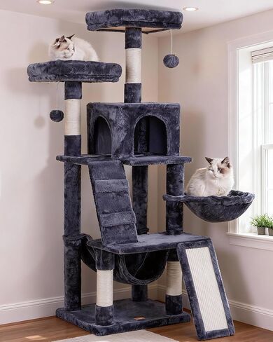 Heybly Cat Tree, Cat Tower for Indoor Cats, Multi-Level Cat Furniture Condo for Cats with Padded Plush Perch, Cozy Basket and Scratching Board, Smoky Gray HCT014G in Kuwait