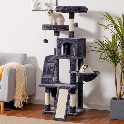 Heybly Cat Tree, Cat Tower for Indoor Cats, Multi-Level Cat Furniture Condo for Cats with Padded Plush Perch, Cozy Basket and Scratching Board, Smoky Gray HCT014G in Kuwait