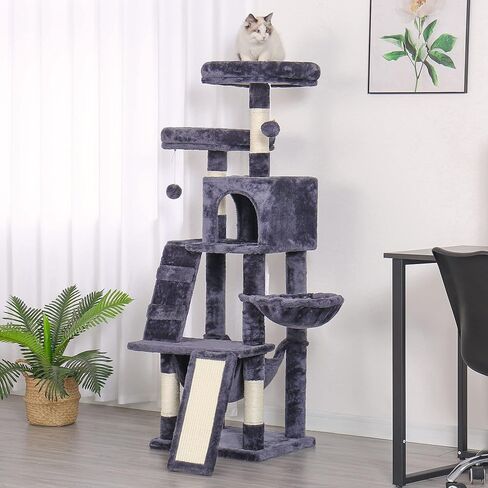 Heybly Cat Tree, Cat Tower for Indoor Cats, Multi-Level Cat Furniture Condo for Cats with Padded Plush Perch, Cozy Basket and Scratching Board, Smoky Gray HCT014G in Kuwait