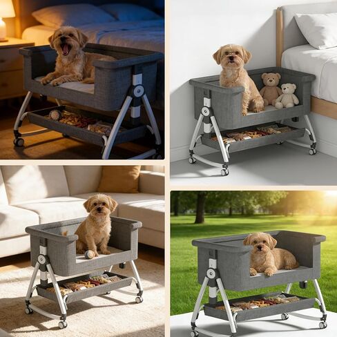 Bedside Dog Bed, Cosleeper Pet Dog Bed with Removable Washable Cushion Adjustable Height, Extension for Human Bed for Small & Medium Puppy & Cat in Kuwait