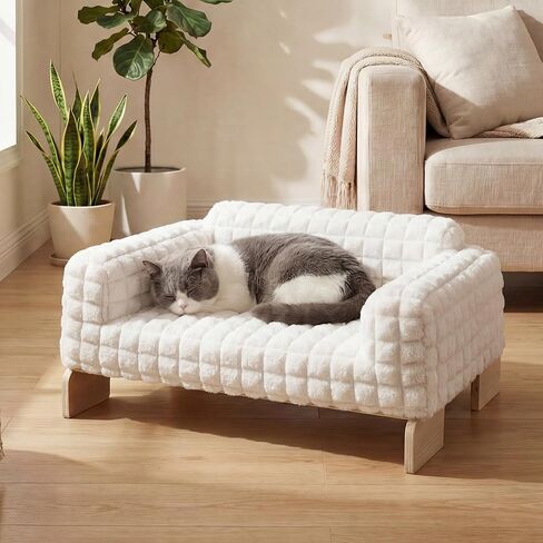 Veehoo Elevated Cat Bed Indoor, Wood Furniture Style Cat Couch Sofa with Removable Washable Cover, Cute & Fluffy Small Cats Bed Furniture for Home in Kuwait