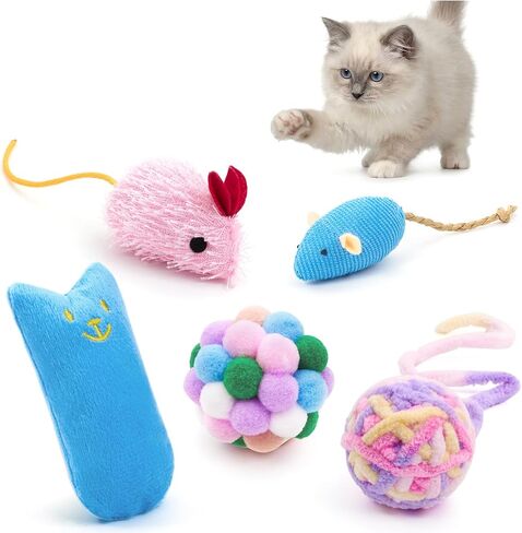 5Pcs Cats Toys Set, Interactive Kitten Toy for Indoor Kitty with Fuzzy Bell Balls Crinkle Catnip-Filled Toys Ball of Yarn Mice for Boredom Relief & Exercise - Mixed Color in Kuwait