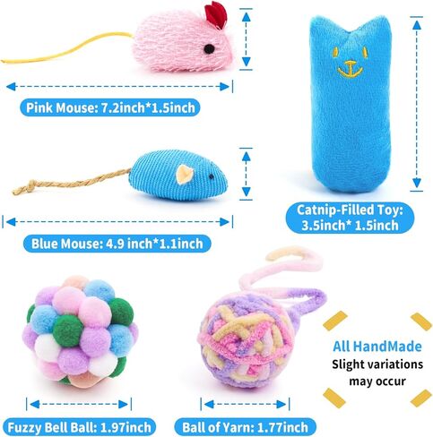 5Pcs Cats Toys Set, Interactive Kitten Toy for Indoor Kitty with Fuzzy Bell Balls Crinkle Catnip-Filled Toys Ball of Yarn Mice for Boredom Relief & Exercise - Mixed Color in Kuwait
