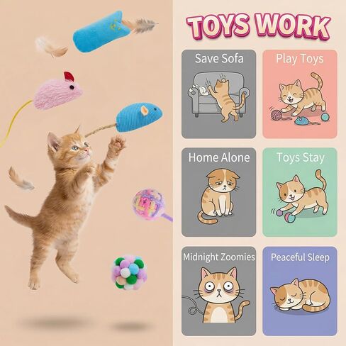 5Pcs Cats Toys Set, Interactive Kitten Toy for Indoor Kitty with Fuzzy Bell Balls Crinkle Catnip-Filled Toys Ball of Yarn Mice for Boredom Relief & Exercise - Mixed Color in Kuwait