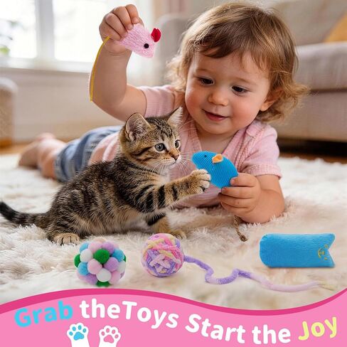 5Pcs Cats Toys Set, Interactive Kitten Toy for Indoor Kitty with Fuzzy Bell Balls Crinkle Catnip-Filled Toys Ball of Yarn Mice for Boredom Relief & Exercise - Mixed Color in Kuwait