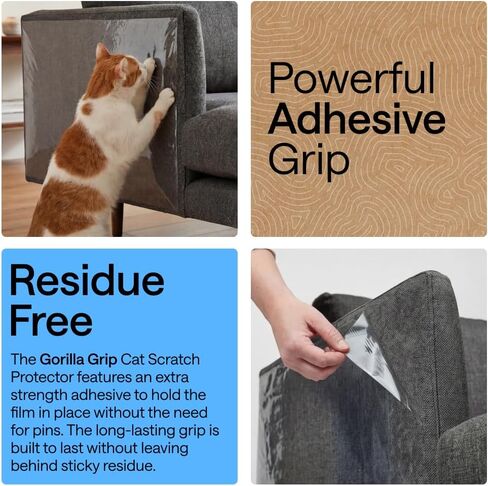 GORILLA GRIP واقي أثاث مضاد للخدش للقطط، واقي للأريكة لاصق عالي التحمل مقاوم للثقب، غطاء شفاف مضاد للخدش للأريكة، قطع مرن ليناسب اللفة، 17 بوصة × 48 بوصة in Kuwait