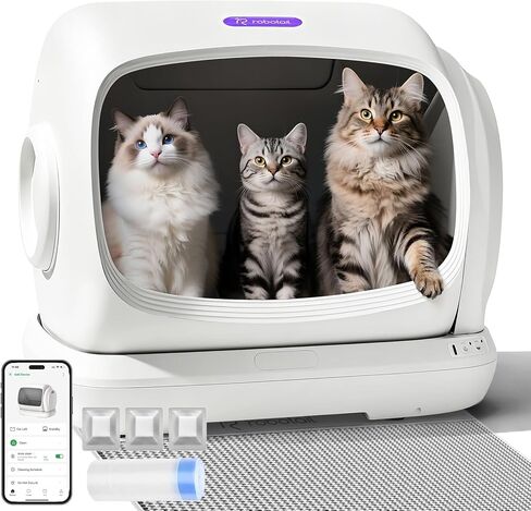 Robotail Self Cleaning Cat Litter Box,106L XXXL Extra-Large Space Automatic Cat Litter Box for Large Cats, Open Top Automatic Cat Box Self Cleaning with APP, Safety Sensor, Anti-Pinch Patent in Kuwait