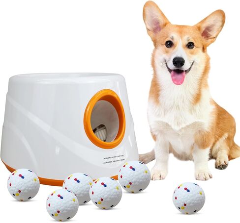 Automatic Ball Launcher for Dogs with 6pcs 2.3 Inch Etpu Tennis Balls,Thrower Distance 20-45ft,interacive Dog Toys for Indoor/Outdoor for Small Or Medium Dogs (White) (Orange) in Kuwait