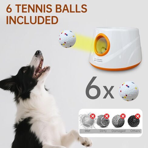 Automatic Ball Launcher for Dogs with 6pcs 2.3 Inch Etpu Tennis Balls,Thrower Distance 20-45ft,interacive Dog Toys for Indoor/Outdoor for Small Or Medium Dogs (White) (Orange) in Kuwait